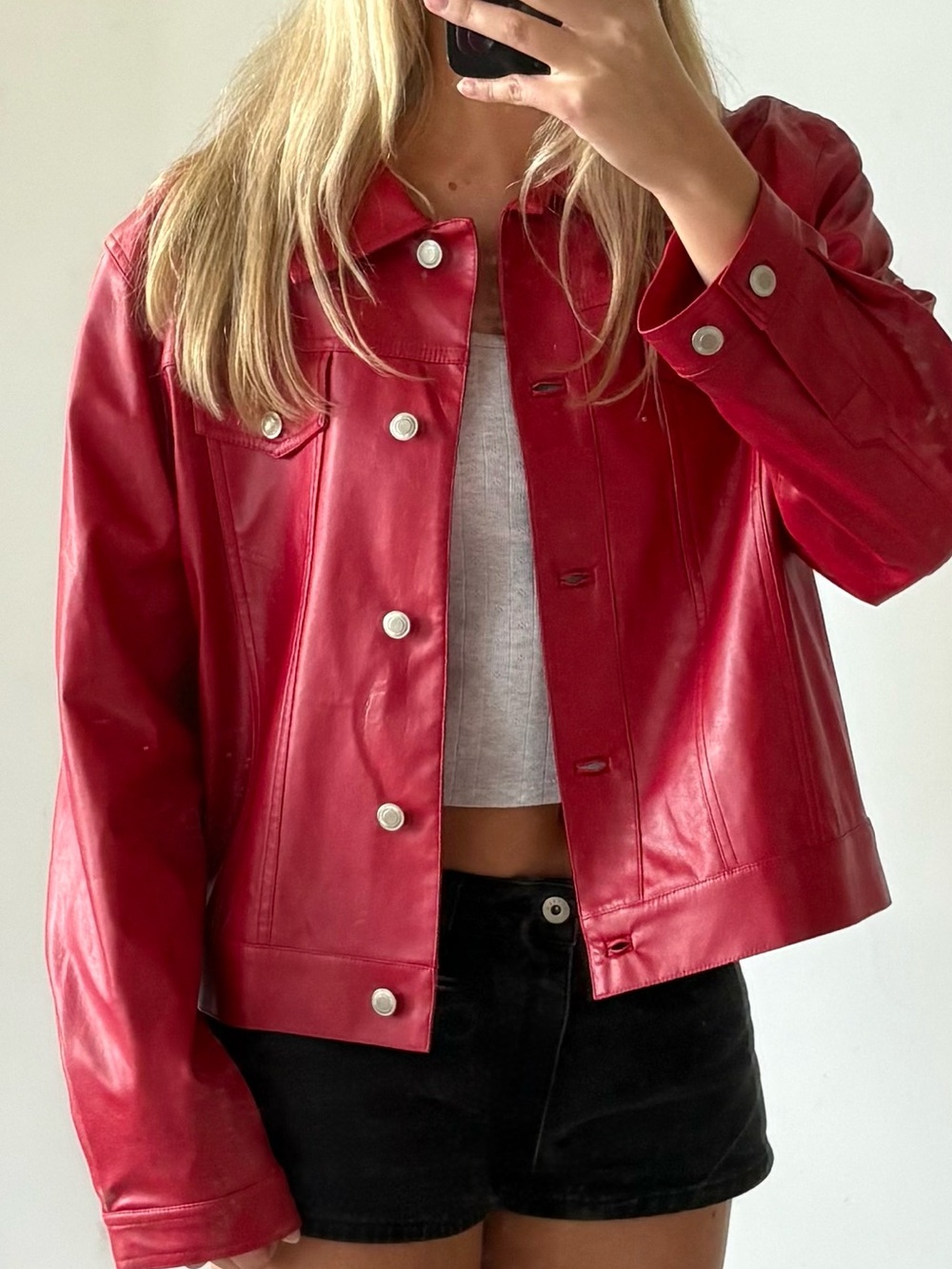 vintage Red Leather Button-up Jacket